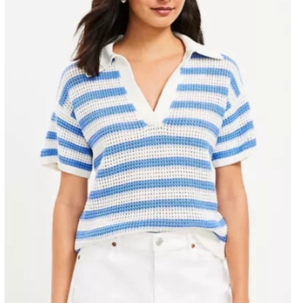 LOFT Striped Short Sleeve Collared Knit Pullover Sweater White Blue Large